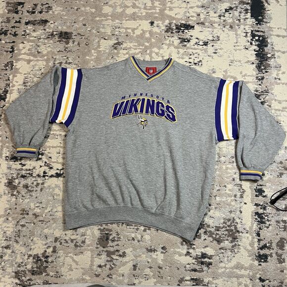 NFL Other - Vintage NFL Minnesota Vikings V Neck Sweatshirt Mens 2XL Gray Striped Sleeves